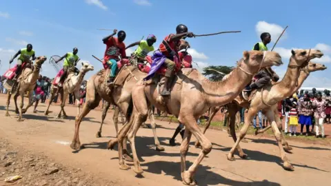 AFP Participants attend a professional camel race during the 29th edition of the Maralal International Camel Derby at Maralal, Samburu County, Northern Kenya on September 2, 2018. -
