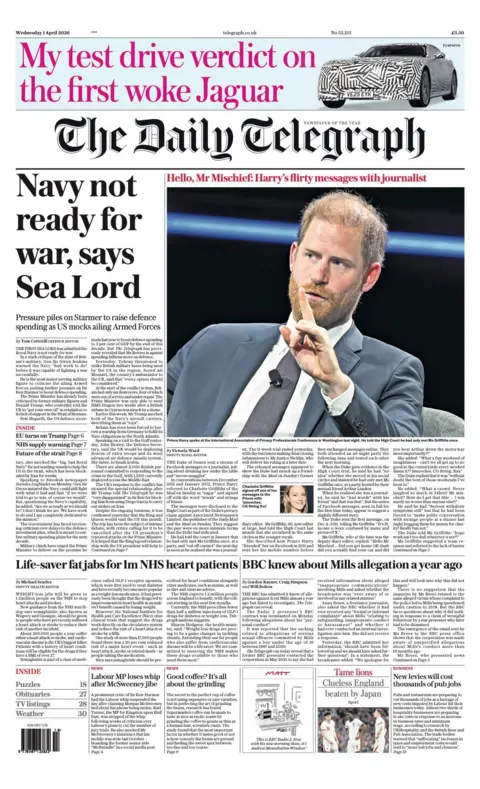 The headline on the front page of the Daily Telegraph reads: "Navy not ready for war, says Sea Lord."