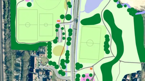 An illustration showing potential facilities which could be be built the site.