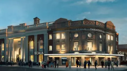 Computer-generated image showing a large building with 'Scala Theatre' op the top tier and 'Scala' written lower down. Groups of people are shown outside the venue. 