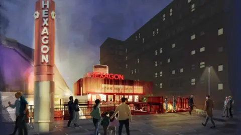 Reading Borough Council A computer generated image of the outside of the theatre. It's a blocky red building with "Hexagon" written over the doors. There's a pillar next to it, lit up in red, that also has the word "Hexagon" written on it.