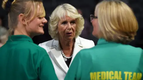 PA The Duchess of Cornwall meets medical and security staff at the Manchester Arena who helped the victims of the May 22 bomb attack at the arena, as part of a visit to Manchester