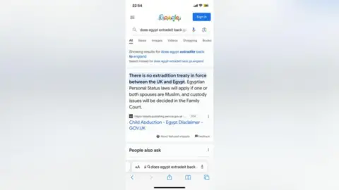 South Yorkshire Police The screenshot shows a mobile phone displaying a Google search results page. The search query typed into the bar reads, “does egypt extradite back...”. At the top of the screen, Google suggests an alternative query: “does egypt extradite back to england.”
Below that, a prominent search result states that there is no extradition treaty in force between the UK and Egypt. The text also explains that Egyptian Personal Status laws may apply if one or both spouses are Muslim, and that custody matters would be handled in the Family Court.