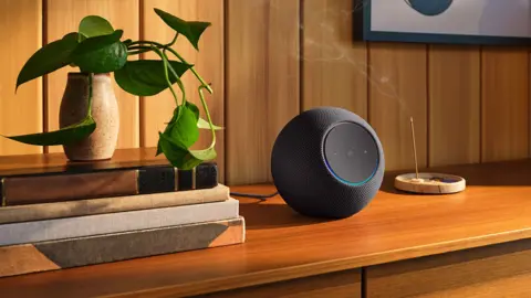 Amazon A spherical black Amazon Echo speaker on a table with a houseplant next to it