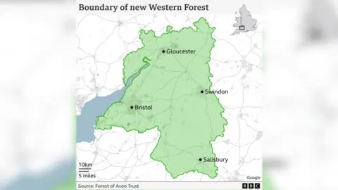 A map showing the west of England area, with the boundary of the new Western Forest highlighted in green. 