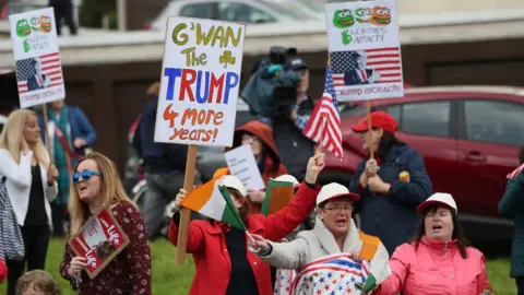 PA Supporters of Donald Trump outside Shannon Airport on Wednesday