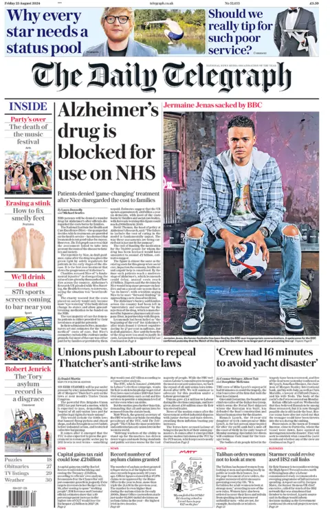 Front page of the BBC Daily Telegraph, 23 August 