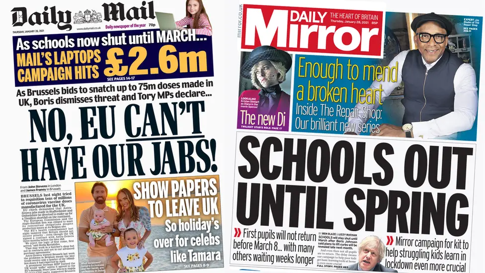 Daily Mail and Mirror front page