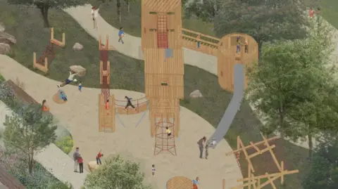 North East Lincolnshire Council A design of a public garden with a wooden play structure of varying sizes with chain bridges, towers and netting. People and children can be seen dotted about.