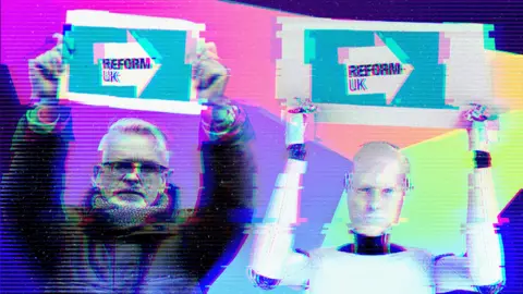 BBC Graphic showing a stock image of a voter holding a Reform UK sign alongside a picture of a humanoid robot also holding a Reform UK sign