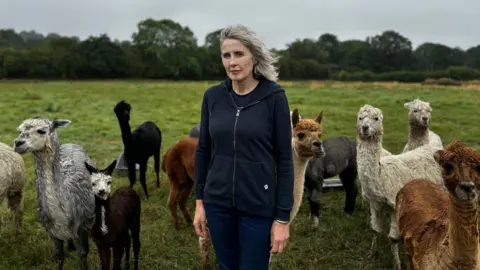 BBC Sarah McRow, who runs Brackenfield Alpacas, stood in a field looking sad wearing a navy blue zipped jacket and trousers, surrounded by alpacas 