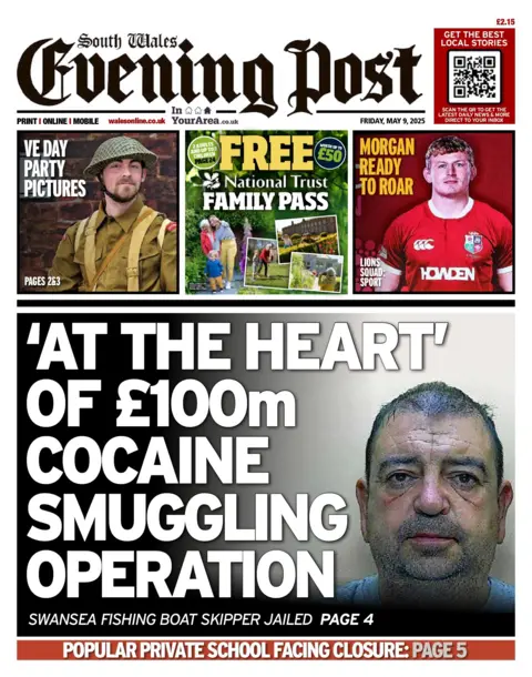 South Wales Evening Post The front page of the South Wales Evening Post shows a mug shot of a cocaine smuggler, with a shaved head and beard shadow and the headline at the hear of the one hundred million cocaine smuggling operation