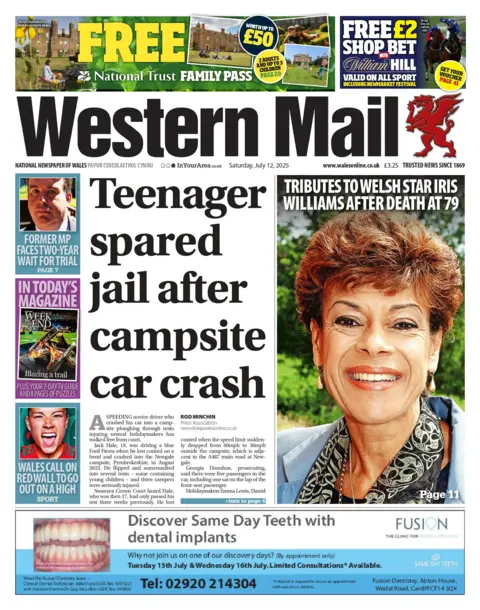 Western Mail Western Mail front page, the main story with the headline "Teenager spared jail after campsite car crash". the main image is of Welsh singer Irish Williams, smiling at the camera. The headline above her picture reads: "Tributes to Welsh star Irish Williams after death at 79." 