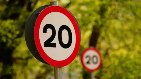 Two 20mph signs with trees in the background. One of the signs is blurred. The signs are on two poles.