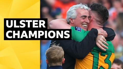 Jim McGuinness and Patrick McBrearty celebrate Donegal's victory