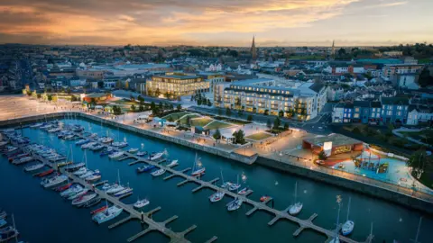 Bangor Marine CGI Image of Bangor Marina at night. There are boats in the harbour and a public realm grassy space with trees and a playpark. There are buildings, shops and apartments.