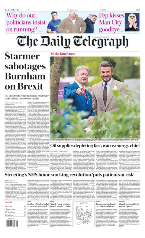 The headline on the front page of the Daily Telegraph reads: "Starmer sabotages Burnham on Brexit".
