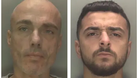 Dale has a shaved head and close cropped stubble/beard. Phythian has short dark hair and a beard. He is slightly grimacing at the camera in his police mugshot.
