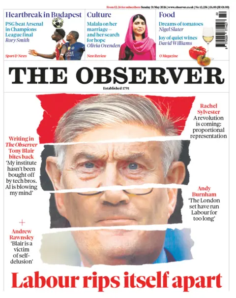 The headline on the front page of the Observer reads: “Labour rips itself apart”.