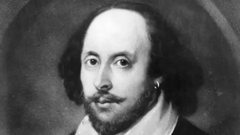 Getty Images A black and white portrait of William Shakespeare drawn in about 1610. He has long dark hair, a dark beard and a hoop earring in one ear. 