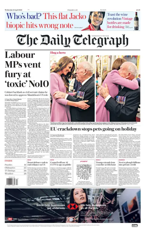 "Labour MPs vent fury at 'toxic' No 10" reads the headline on the front page of the Daily Telegraph.