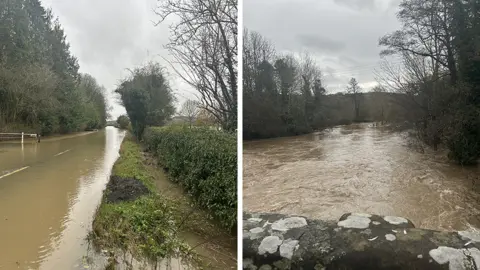 Composite image featuring a submerged road on the left and a view of a raging river on the right from a bridge