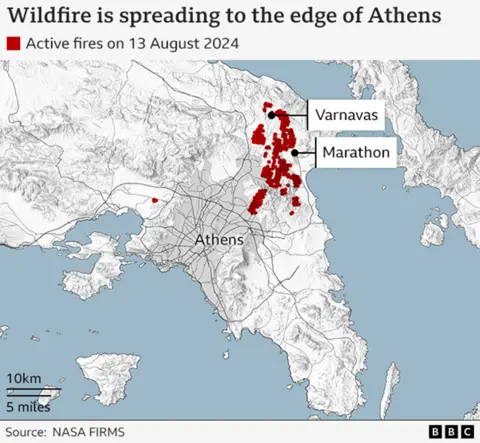 Mapa de incêndios florestais perto de Atenas