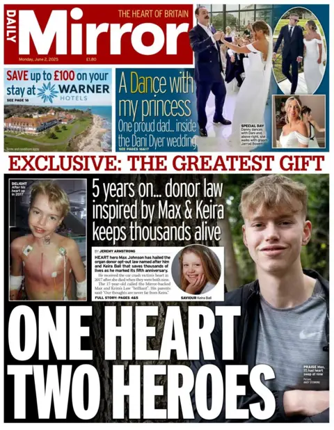 The front page of the Daily Mirror shows a picture of a young man, and then beside a picture of him when he was five years old. The headline reads: One heart two heroes: 5 years on... donor law inspired by Max & Keira keeps thousands alive. 