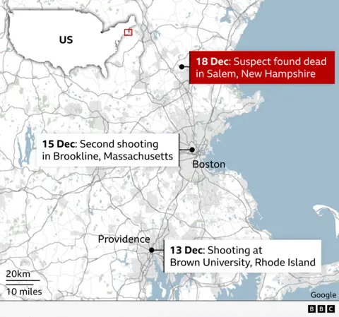 A BBC map plots three key locations in the case of Claudio Neves Valente, a suspect in two shootings. On 13 December, a shooting occurred at Brown University in Providence, Rhode Island. Further north, a second shooting occurred on 15 December in Brookline, Massachusetts. Further north still, the suspect was found dead in Salem, New Hampshire, on 18 December