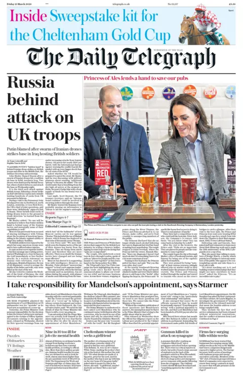 "Russia behind attack on UK troops," reads the headline on the front page of the Daily Telegraph.