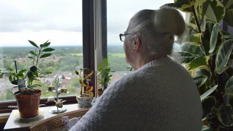 BBC Pat enjoys the view from her tower block window