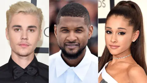 Getty Images Justin Bieber, Usher and Ariana Grande