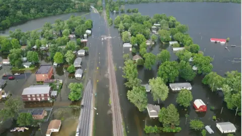 Getty Images Floodwater from the Mississippi River has overtaken much of the town of Foley, Missouri