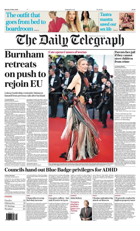 The headline on the front page of the Daily Telegraph reads: "Burnham retreats on push to rejoin EU."