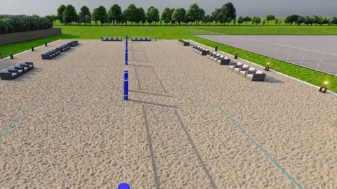 BCU A CGI image showing an aerial view of what one of the outside beach volleyball courts could look like. It shows a large sandy pitch with four nets in the middle of the field, with blue lines marked out on the sand. Grass and trees are seen in the distance, and seats are placed along the outskirts of the sand.