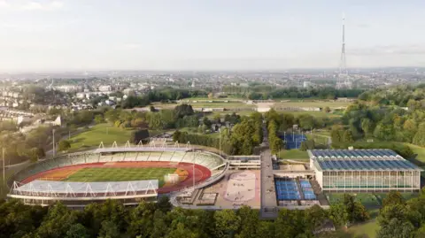 A CGI showing an aerial view of a running track, pool and a low-rise building and the Crystal Palace transmitter tower in the background with trees and grassy fields and housing towards a skyline