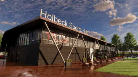 Artist impression of the new sports hub which is shows a large brown building with letters on top which spell out Holbeck Sports Hub. There is a grassed area shown to the front of the building. 