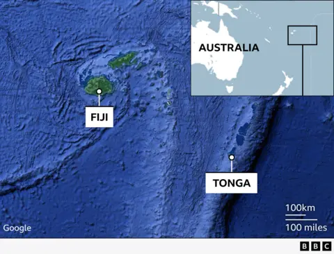 The location of Fiji and Tonga