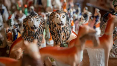 Phil Wilkinson Two pottery lions with large manes stand out against a background of other blurred-out pottery figures