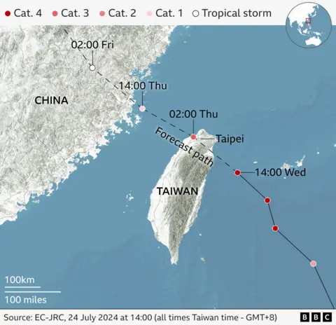 A map of the predicted path of Typhoon Gaemi