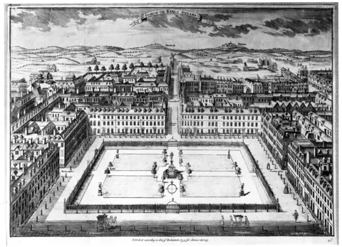 British Library detailed engraving in black and white showing Soho Square and the grand buildings around it