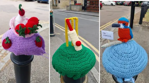 Donna Anderson Crocheted yarn covering on a black bollard decorated with red strawberries and a swirl of white cream, resembling a dessert, a green crocheted cover on a bollard topped with miniature knitted cricket stumps, bat and ball, and a small crocheted bird in blue and orange perched on a bollard cover holding a sign reading “No Fishing”, with parked cars in the background, all by a road. 