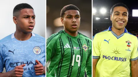 Split picture of Shea Charles throughout the years, in the kits of Manchester City, Northern Ireland and Southampton