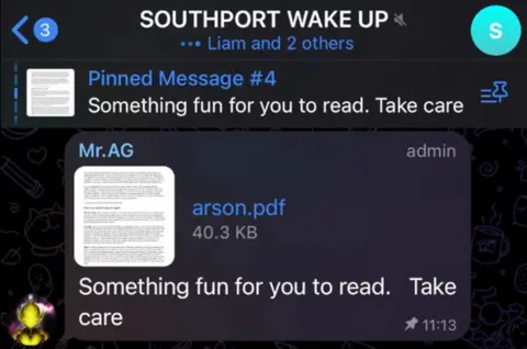 Screenshot from the Southport Wake Up Group with a link to the arson manual (the details of which are blurred), posted by Mr AG with the words "something fun to read. Greetings"