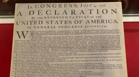 A copy of the US Declaration of Independence pictured from a display event in 2023