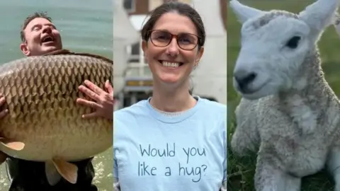 Three images edited together. On the far left a very happy manis holding a huge fish. A woman is smiling in the middle with a t-shirt that says "would you like a hug. On the right is a lamb at sunrise.