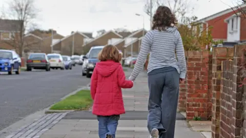 A woman and child are holding hands, and walking away from the camera. They are on a pavement on a residential street