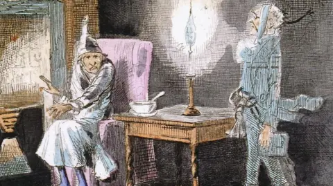 Charles Dickens Museum A plate from a book showing Scrooge being visited by a ghost
