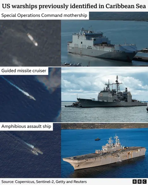 Graphic shows satellite images and pictures of three US ships: a special operations command mothership, a guided missile cruiser and an amphibious assault ship.