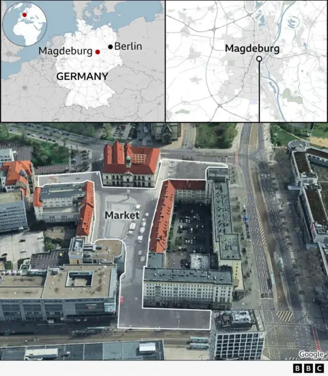 Three maps show the area of ​​Magdeburg, eastern Germany, where the markets are located in the center of the city and a prominent street view showing the route where the markets are built.